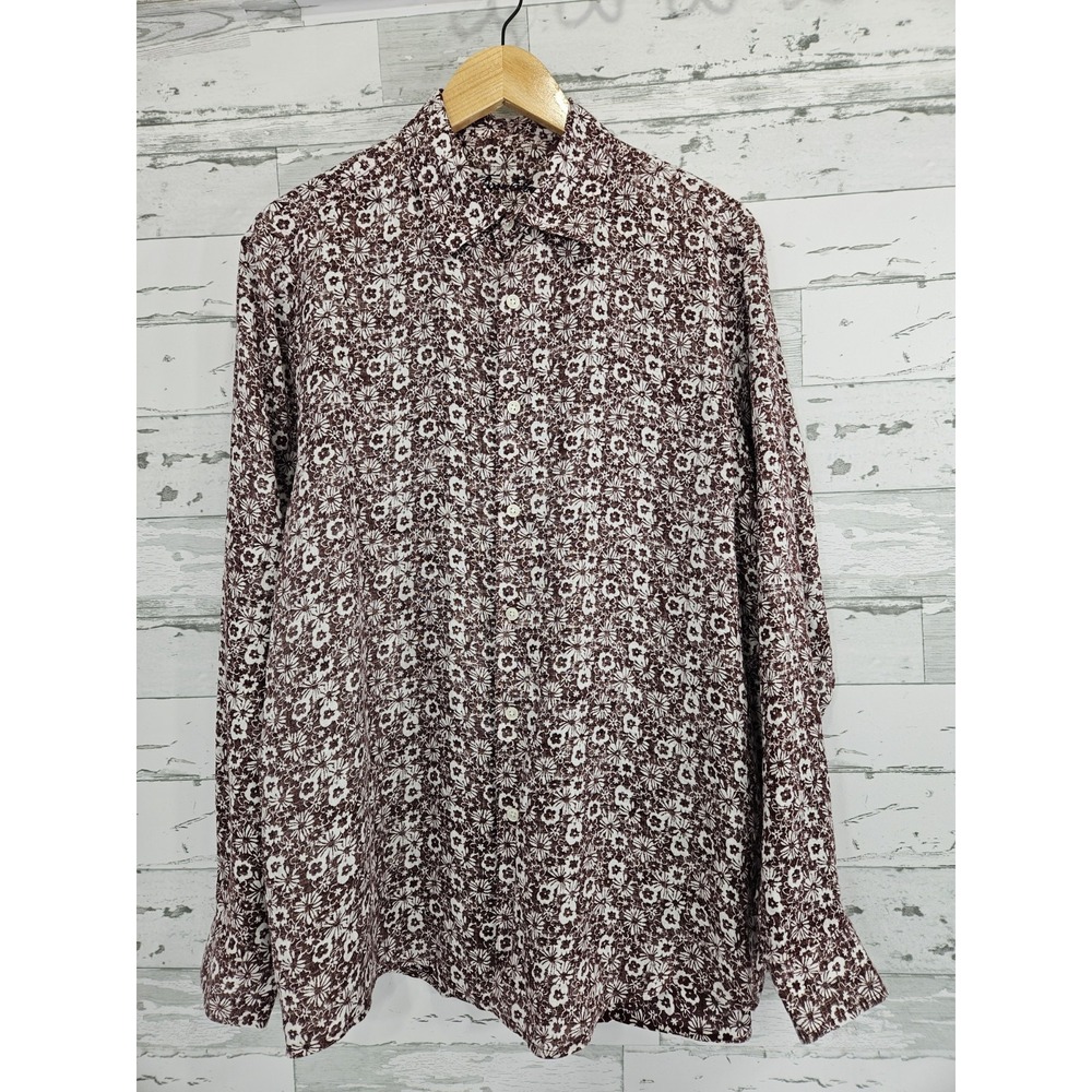 Tasso Elba Mens Large Linen Floral Button Down Shirt Burgundy White Long Sleeve